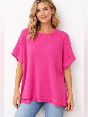 Zenana Outfitters Oversized Ribbed Top in Hot Pink